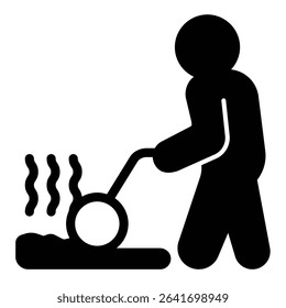 Man with manual paver solid icon, making road concept. Vector graphics. Builder laying asphalt, construction sign on white background, style mobile or design