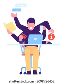 Man with many arms working at computer. Effective time management
