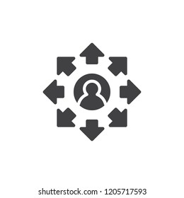 Man with many arrows around vector icon. filled flat sign for mobile concept and web design. The choice of the way simple solid icon. Symbol, logo illustration. Pixel perfect vector graphics