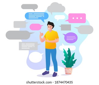 Un hombre y muchas burbujas de voz en blanco. ilustración vectorial.