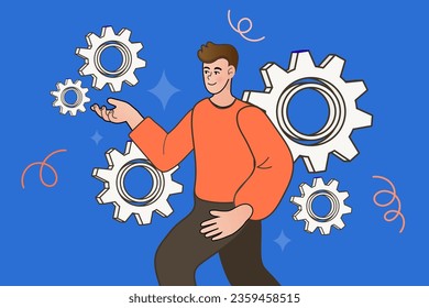 Hombre con muchos engranajes. Creatividad y experiencia del hombre de negocios. hombre que muestra el mecanismo de trabajo de diferentes muchas ruedas cognoscitivas conectadas que actúan como sistema completo. personalización y configuración personalizada. Vector