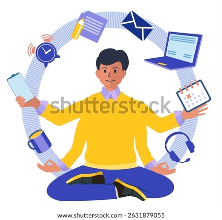 Man of many hands. Multitasking concept. A person working on multiple tasks at the same time. A busy office worker is juggling multiple tasks at once. Vector illustration isolated on white