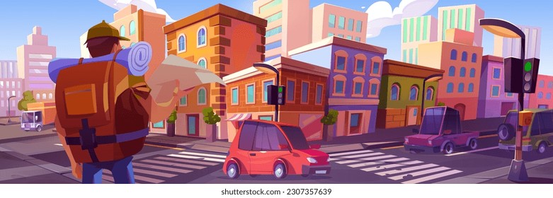 Man with map explore city street cartoon vector background. Road intersection car traffic and building landscape scene. Pedestrian tourist lost in town and looking for direction to apartment in house