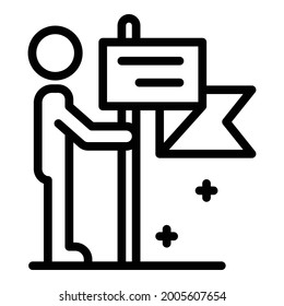Hombre con el icono de la bandera del mapa. Hombre de contorno con icono de vector de indicador de mapa para diseño web aislado en fondo blanco