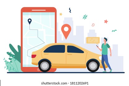 Man with map on smartphone renting car. Driver using car sharing app on phone and searching vehicle. Vector illustration for transport, transportation, urban traffic, location app concept.