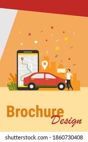 Man with map on smartphone renting car. Driver using car sharing app on phone and searching vehicle. Vector illustration for transport, transportation, urban traffic, location app concept.