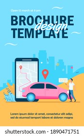 Man with map on smartphone renting car. Driver using car sharing app on phone and searching vehicle. Vector illustration for transport, transportation, urban traffic, location app concept.