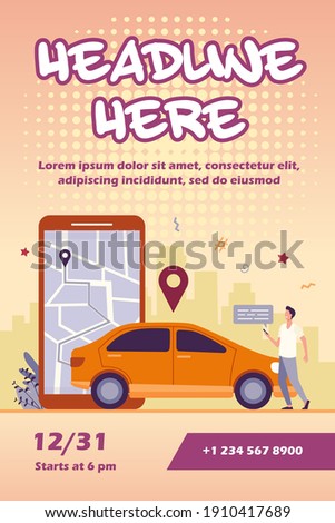 Man with map on smartphone renting car. Driver using car sharing app on phone and searching vehicle. Vector illustration for transport, transportation, urban traffic, location app concept.