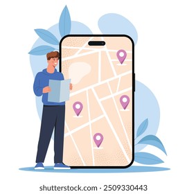 Homem com mapa no telefone. Turista e viajante com aplicativos móveis. Localização geográfica e navegação, GPS. Turismo e viagens, viagem. Rotear na tela do smartphone. Ilustração de vetor plano