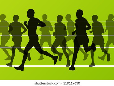 Man marathon runners silhouettes in sport stadium landscape background illustration vector