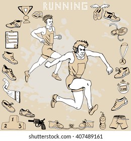 Man Marathon Runners. Sport Objects Set.