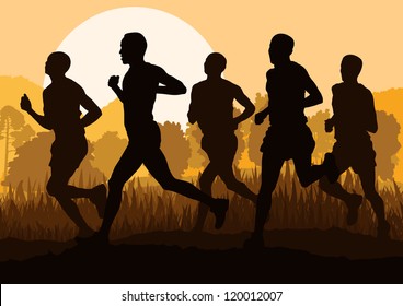 Man marathon runners in wild forest nature mountain landscape background illustration vector