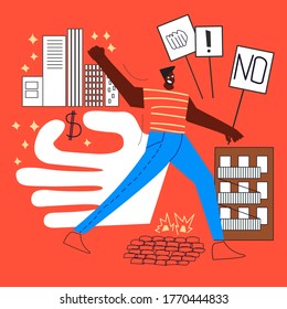Man is marching to protest against gentrification. Demonstration, revolution, raised arm fist holding banner with protest caption. Black arm silhouette on red background. Flat vector illustration