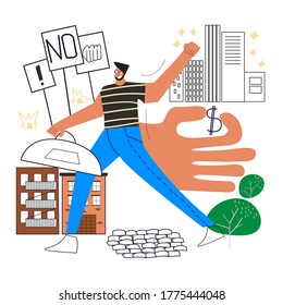 Man is marching to protest against gentrification. Cartoon character moving from neighbourhood to cheaper location. Contrast between new modern buildings and old house. Flat vector illustration