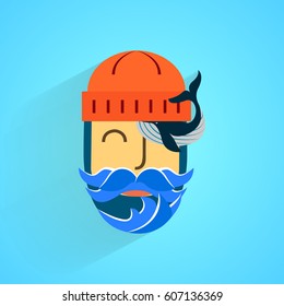 Man marine flat style, beard waves, and a small 
whale instead of a Bang. Vector illustration EPS10
