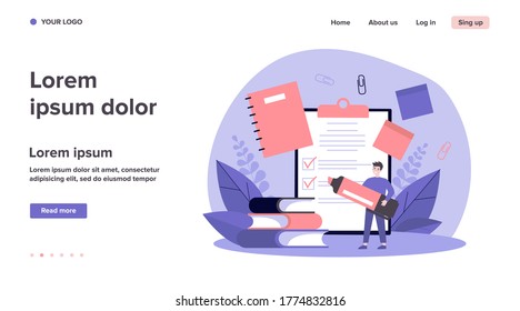 Man with marker making checklist. Male character with school supplies, papers, notes, memos, notebook. Vector illustration for planning, manager job, stationery concept