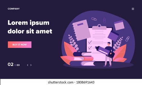 Man with marker making checklist. Male character with school supplies, papers, notes, memos, notebook. Vector illustration for planning, manager job, stationery concept