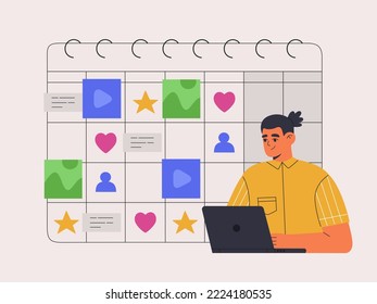 Man marketer with laptop makes a content plan on calendar. Concept of social media planning, internet marketing. Hand drawn colored vector illustration isolated on white background, flat cartoon style