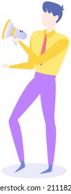 Man marketer with loudspeaker advertises product. Promoter speaks loud with megaphone. Advertising, announcement, promotion, marketing concept. Male character standing with loudspeaker, promoting