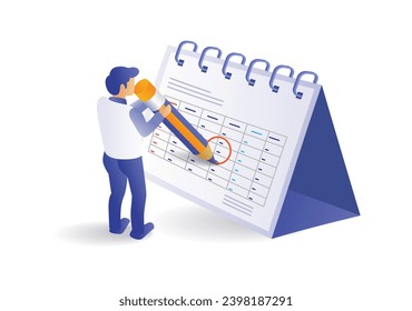 Man marking calendar flat isometric illustration concept