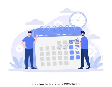 A man marking deadline day. employee with pencil appointing date of event in calendar, schedule, agenda, time management. Modern vector flat illustration