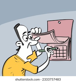 A man marks important days on the calendar. He takes notes on the calendar with his pen. A beautiful and original picture that appeals to those who do calendar planning.