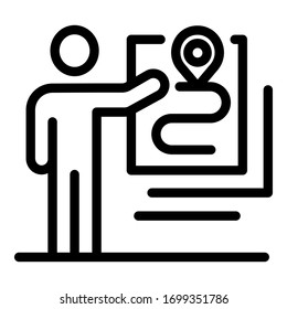 Der Mensch markiert eine Route auf einem Kartensymbol. Outline-Mann markiert eine Route auf einer Karte Vektorillustration Symbol für Web-Design einzeln auf weißem Hintergrund