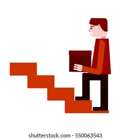 Man in maroon shirt holding box up stairs. Stylist illustration