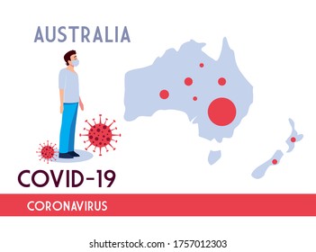 Man with mask and australia map design of Covid 19 virus theme Vector illustration