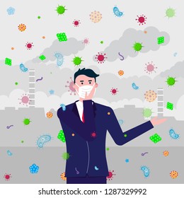 The man in mask, bacterias and viruses fly because infection transmitted by air. Mask as protection against bacterias and viruses concept flat style vector illustration with factory behind.