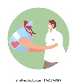 man with mask and box donations vector illustration desing
