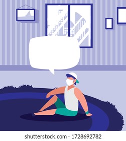 Man with mask and bubble at home design of Covid 19 virus theme Vector illustration