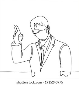 man in mask businessman catches a taxi on the street - one line drawing. portrait of a masked man in a coat and business suit with a defiant hand. 
