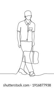 man in a mask carries a large bag. One line drawing of a masked man wearing a short sleeved shirt and trousers carrying his travel bag in one hand. The tourist has arrived  to rest or a business trip