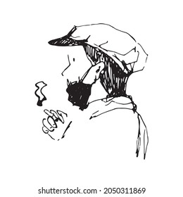 Un hombre enmascarado con un cigarrillo en las manos. Caracteres en el estilo de gráficos de contorno. Ilustración en blanco y negro de un fumador