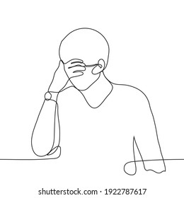 man in a mask closes his eyes with his palm.  one line of drawings concept of cringe, shame, social awkwardness