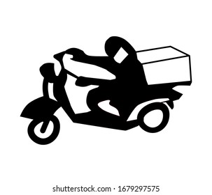 Man with mask is delivering goods on motorcycle. Concept of contactless delivery. Logo of quarantine delivery in black.  Sitting home and Order online food at anytime.  EPS10.