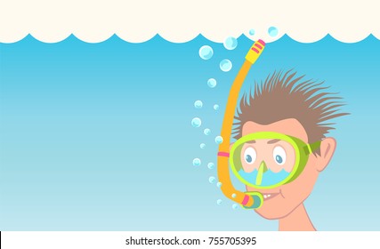 Man in a mask for diving with a tube under the wate.The scuba diver sinks. The water got into the mask and snorkel. Cartoon vector illustration EPS-8.