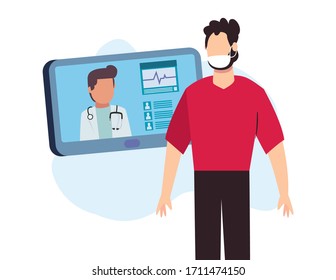 Mann mit Maske und Arzt in Tablettendesign von Covid 19 Virus 2019 Cov Cov Coronavirus Infektion Corona Epidemie Symptome und medizinisches Thema Vektorillustration Illustration