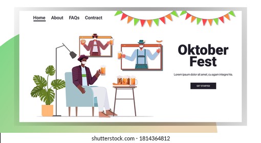 man in mask drinking beer discussing with friends during video call Oktoberfest party celebration coronavirus quarantine self isolation concept copy space horizontal vector illustration