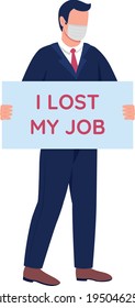 Man in mask fired from job flat color vector faceless character. Professional with no work, unemployment. Laid off manager on suit isolated cartoon illustration for web graphic design and animation