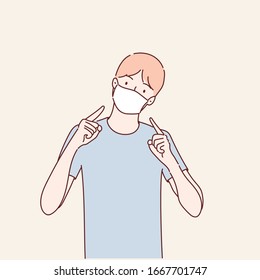 Man with mask gesture his hand point his index finger to disease protection mask on his face.Hand drawn style vector design illustrations.