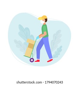A man in a mask and gloves is carrying a cart with parcels. Colorful flat poster. Stock vector illustration.