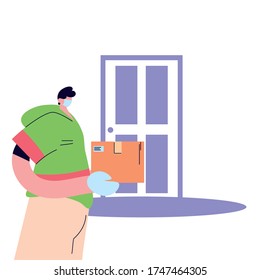 man with mask and gloves in package delivery vector illustration desing