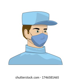 A man in a mask and hat. Color illustration of a medical worker isolated on white background.