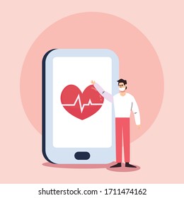 Man with mask and heart pulse inside smartphone design of Covid 19 virus 2019 ncov cov coronavirus infection corona epidemic disease symptoms and medical theme Vector illustration