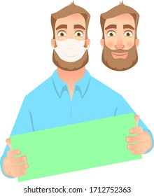 Man in mask holding blank card Vector illustration