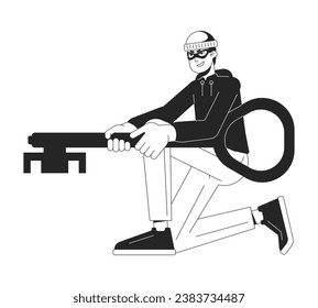Man in mask holding key flat line black white vector character. Trying to open. Editable outline full body person. Simple cartoon isolated spot illustration for web graphic design