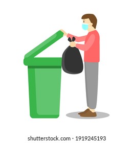 Man with mask holding trash bag to throw in recycle bin cartoon vector