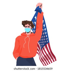 man in mask holding USA flag labor day celebration coronavirus quarantine concept portrait vector illustration